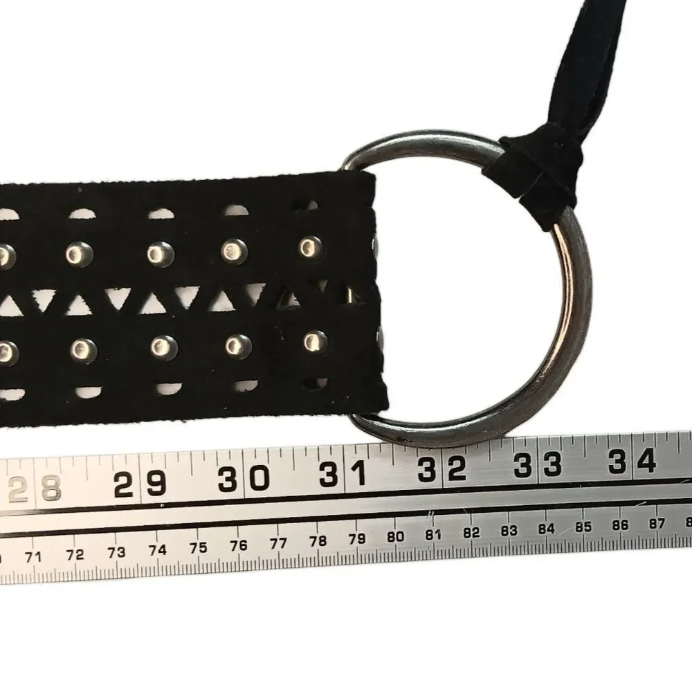 SOLD - Black Leather Belt Cutouts Silver Studs Large Silver Rings Tassles Italy - Picture 8 of 10
